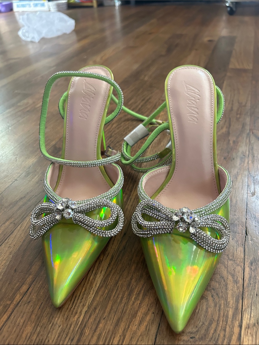 Liliana Iridescent Lime Green Pointed Toe Heels with Crystal Bow